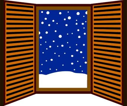 Blue Open window frame with falling snow Ilustración de archivo