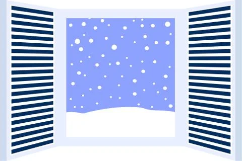 Blue Open window frame with falling snow Stock Illustration