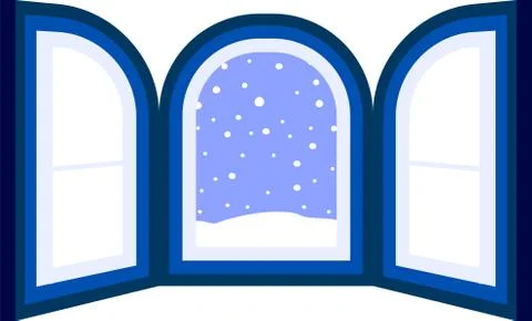 Blue Open window frame with falling snow Stock Illustration