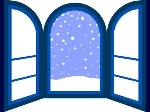 Blue Open window frame with falling snow Stock Illustration