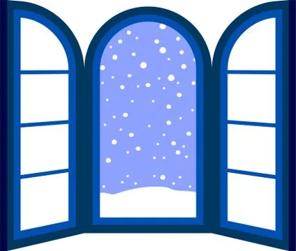 Blue Open window frame with falling snow Ilustración de archivo