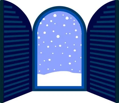 Blue Open window frame with falling snow Ilustración de archivo