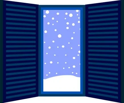 Blue Open window frame with falling snow Ilustración de archivo