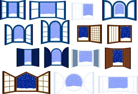 Blue Open window frame with falling snow set Ilustración de archivo
