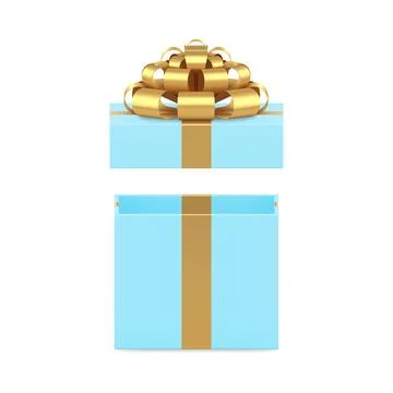Blue open wrapped gift box with luxury golden bow ribbon holiday present 3d.. Stock Illustration