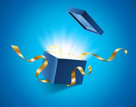 Blue opened 3d realistic gift box with magical shining glow and golden ribbons Stock Illustration