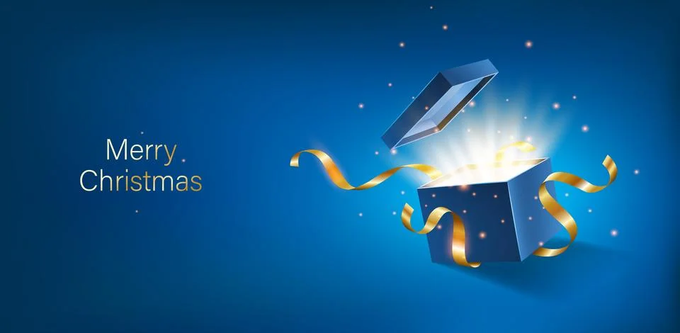 Blue opened 3d realistic gift box with magical shining glow and golden ribbons Stock Illustration