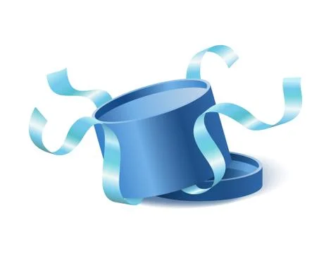Blue opened 3d realistic round gift box with flying off cover and ribbons and Stock Illustration