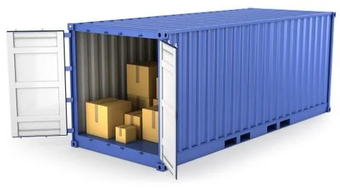 Blue opened container with carton boxes inside Stock Illustration