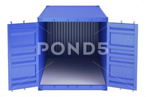 Blue opened empty cargo container, front view. 3D rendering ...
