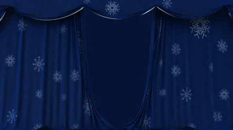 Blue opening curtains with snowflakes Stock Footage 33400662