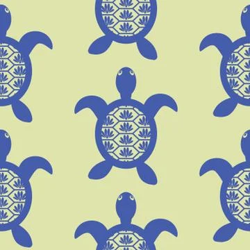 Blue openwork turtle seamless vector green pattern. Stock Illustration