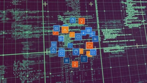Blue orange app-icon cluster appearing on load, expanding into rings, moving Stock Footage 333733202