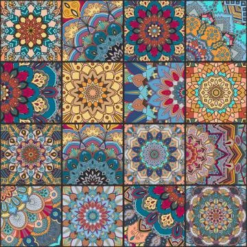 Blue Orange Boho Tile Seamless Stock Illustration