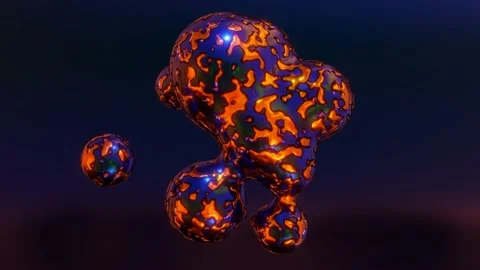 Blue-orange smooth spheres fly against a dark background and merge with each oth Stock-Footage 154474368