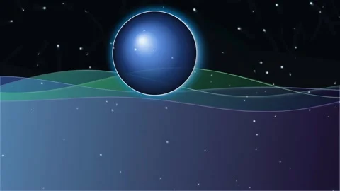 Blue orb planet floating over abstract colorful wave layers on dark starry .. Stockbeeldmateriaal 348335981