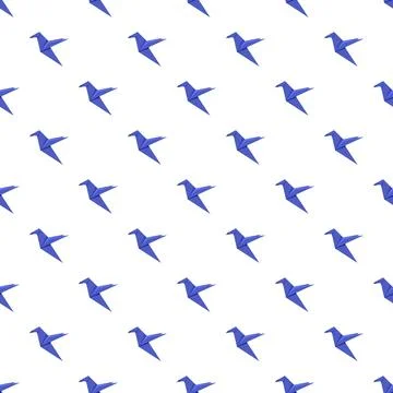Blue origami bird seamless pattern on white background Stock Illustration