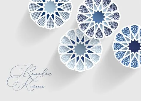 Blue ornamental arabic tiles, patterns through white cut out stars, long shadows Stock-Illustration