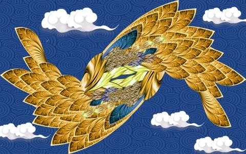 Blue ornamental background, white clouds, large mirrored gold feathers Stock Illustration