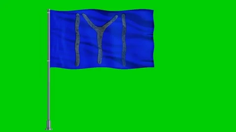 Blue ottoman flag with grey symbol waving on flagpole Stockbeeldmateriaal 335587182