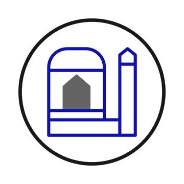 Blue outline architecture icon inside circle showing a building with a mode.. Ilustración de archivo