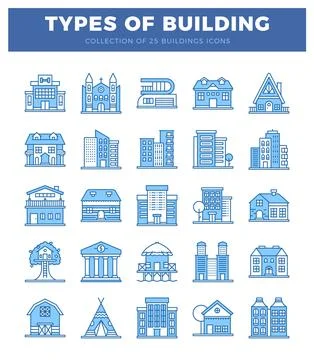 Blue outline building icons set on white background Ilustración de archivo