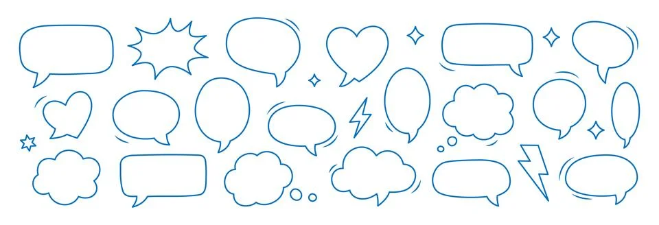 Blue outline comic speech bubbles and thought clouds set. Cartoon doodle talk Stock Illustration