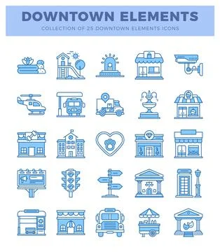 Blue outline downtown city elements and icons. 스톡 일러스트