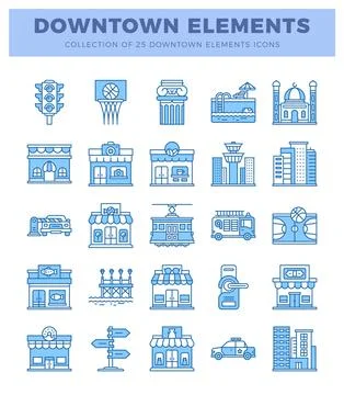 Blue outline icons of downtown elements on white background. 스톡 일러스트