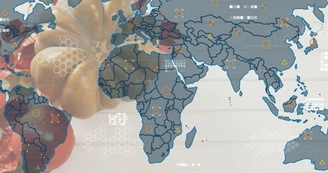 Blue outline tracing Americas, map unfolding, icons appearing, pulsing data Stock Footage 317835479