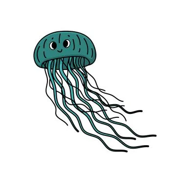 Blue outline vector doodle smiling cartoon sea or ocean jellyfish. Cute happy Stock Illustration