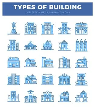 Blue outlined building icons on white background with text Ilustración de archivo