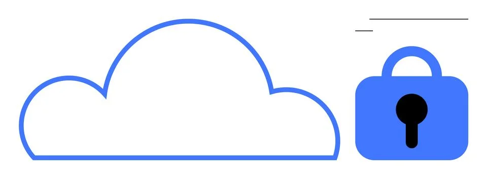 Blue outlined cloud shape next to a blue lock symbol. Ideal for data security Stock Illustration