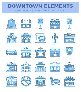 Blue outlined downtown city elements and buildings. Stock Illustration