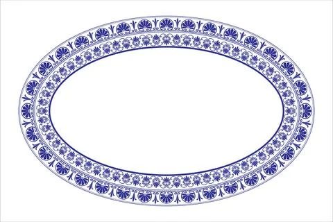 Blue oval plate with floral pattern. Oval floral european pattern frame arabesqu Stock Illustration
