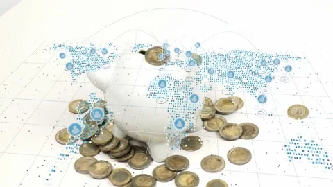 Blue overlay appearing, camera rotating around white piggy, coins sliding, nodes Stock Footage 337913082
