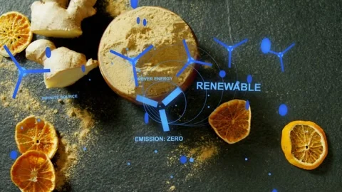 Blue overlay appearing over spice puck, turbines spinning, camera pulling back Video stock 334182743