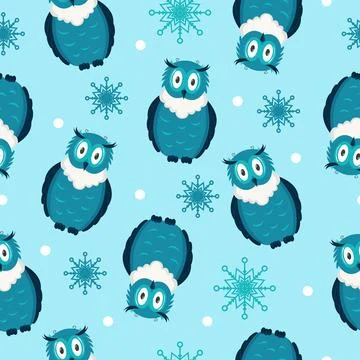 Blue owl seamless pattern. Winter vector Stock Illustration