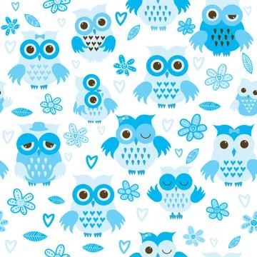 Blue owls seamless pattern for baby boys Stock Illustration