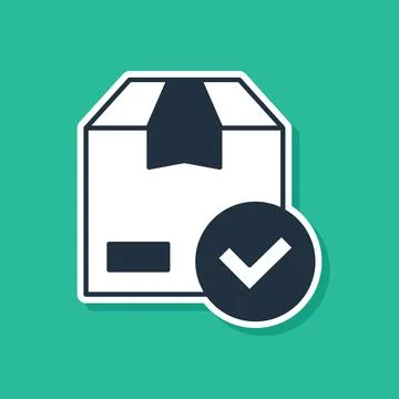 Blue Package box with check mark icon isolated on green background. Parcel box Stock Illustration