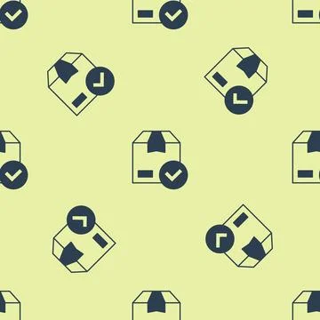 Blue Package box with check mark icon isolated seamless pattern on yellow b.. Illustrazione stock