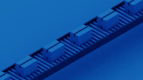 Blue Packages on Conveyor Belt - Diagonal Isometric View Loop Stock Footage 340514048