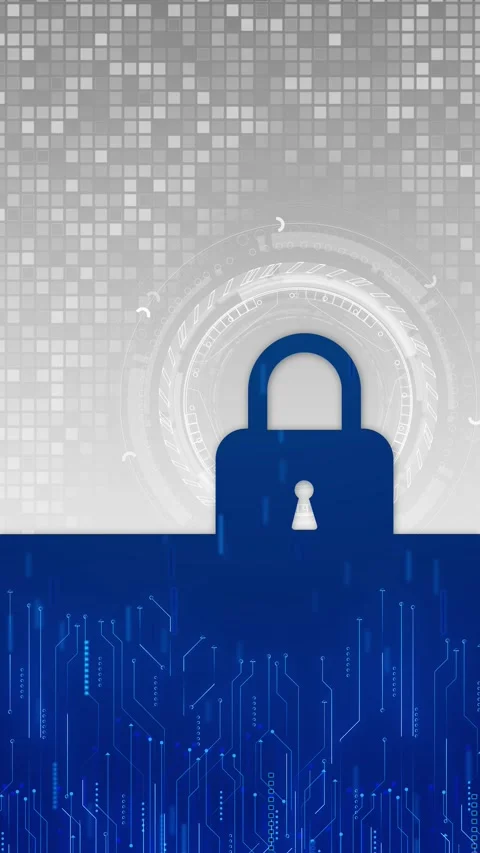 Blue padlock circuit security white technology panel, glowing lock, electronic l Stock Footage 340528216