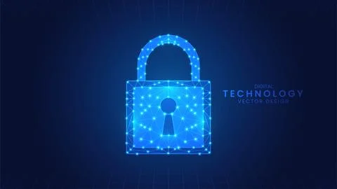 Blue padlock, cyber security digital. Lock symbol in low poly style Illustrazione stock