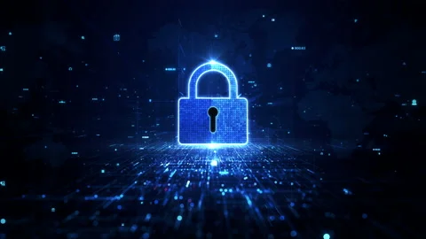 Blue Padlock Icon Cyber Security of Digital Data Network Protection Stock Footage 217656772
