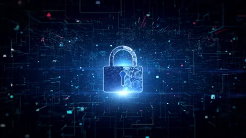 Blue Padlock Icon Cyber Security, Digital Data Network Protection Future Tech Stock Footage 221160495