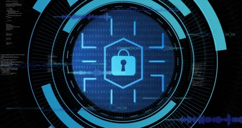 Blue padlock icon floating inside hexagon, streaming binary code rotating, Stock Footage 308659525