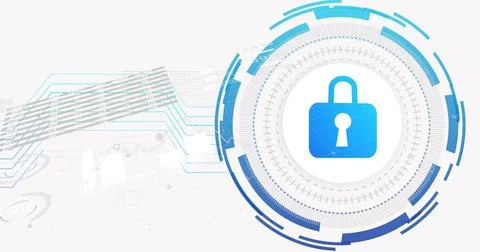 Blue padlock icon orbiting in digital interface, with circuit and data lines and Stockfoto's