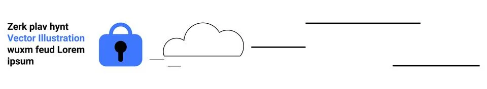Blue padlock next to a cloud with horizontal lines and text elements. Ideal f Illustrazione stock
