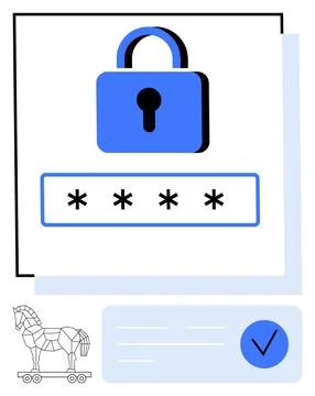 Blue padlock, password entry field, and Trojan horse vector illustrating di.. Illustrazione stock